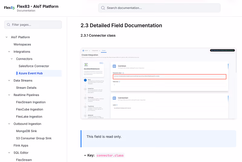 Documentation page of Flex83 AIoT Platform showing detailed field doc for Connector class with readonly field and key info.