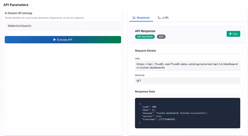 API parameters input for X-Tenant-ID and a successful GET API response with a custom dashboards JSON message.