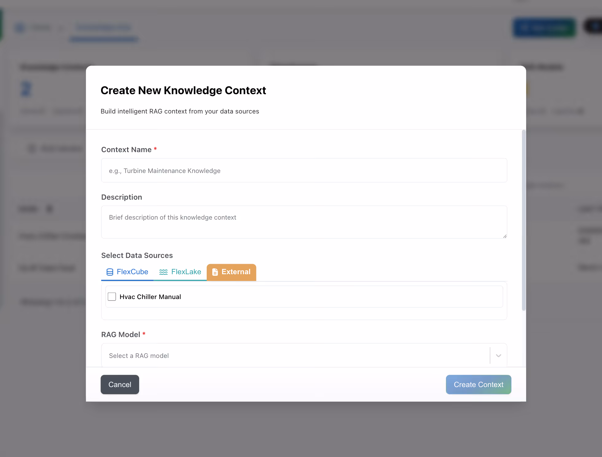 Form to create new knowledge context with fields for context name, description, data sources, and RAG model selection.