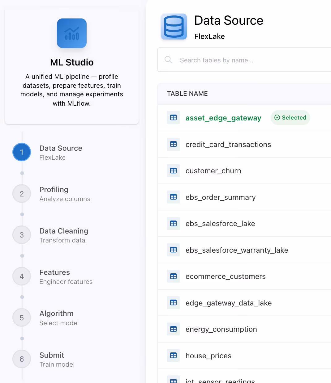 ML Studio interface showing a six-step ML pipeline and a data source from FlexLake with tables listed.