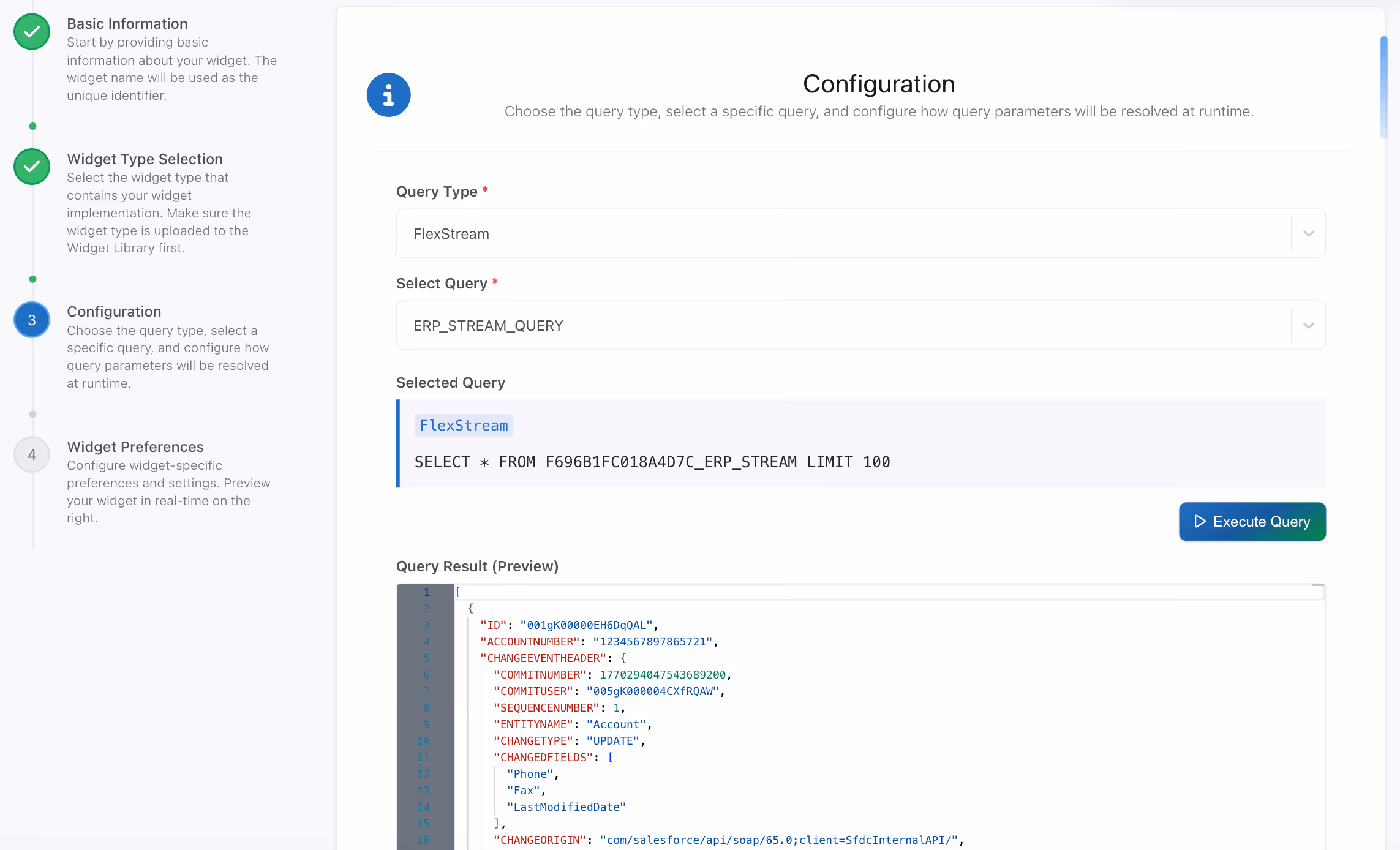 Widget configuration screen showing query type FlexStream and a preview of ERP stream query results in JSON format.