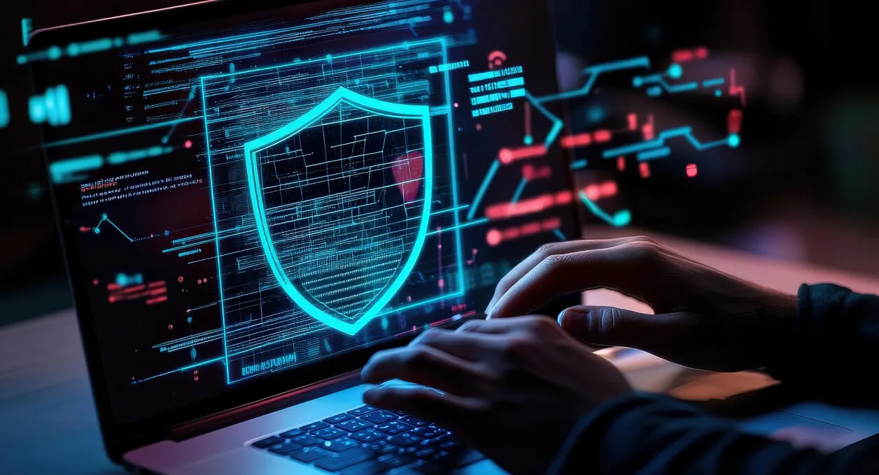 Hands typing on a laptop displaying a glowing shield symbol representing cybersecurity protection.