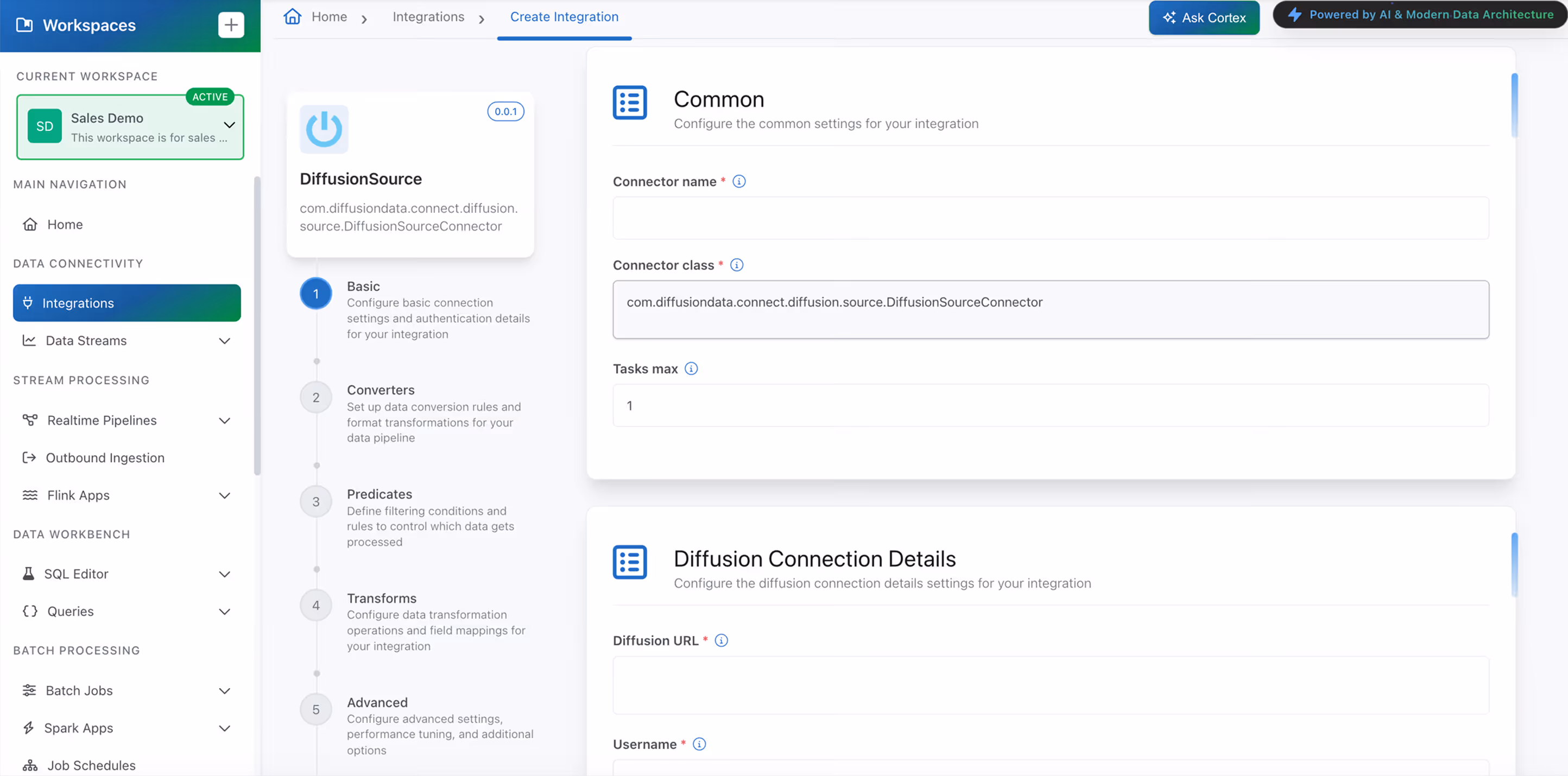 User interface showing integration setup for DiffusionSource with workspace menu and integration steps.