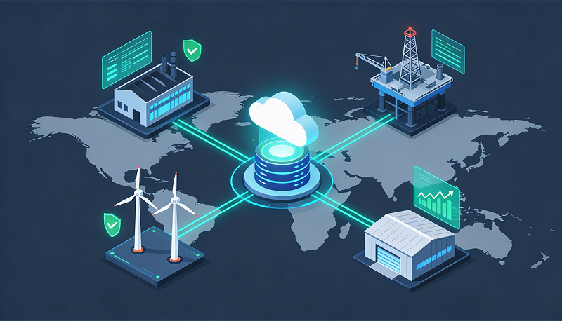 Illustration of cloud data storage connected to factory, wind turbines, oil rig, and warehouse on a world map.