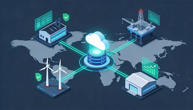 Illustration of cloud data storage connected to factory, wind turbines, oil rig, and warehouse on a world map.