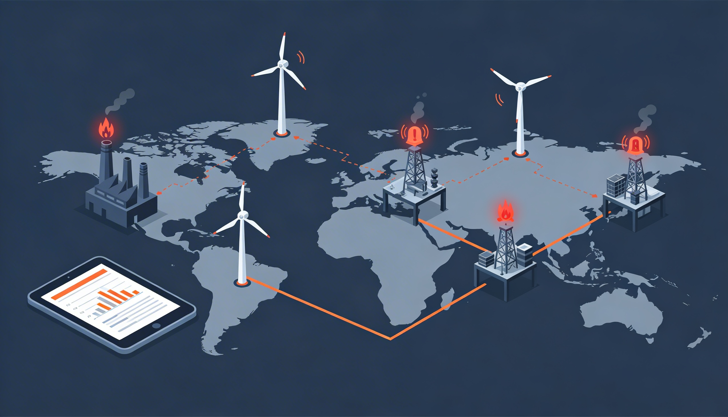 World map with connected icons of wind turbines, oil rigs with alerts, a factory, and a tablet showing charts.