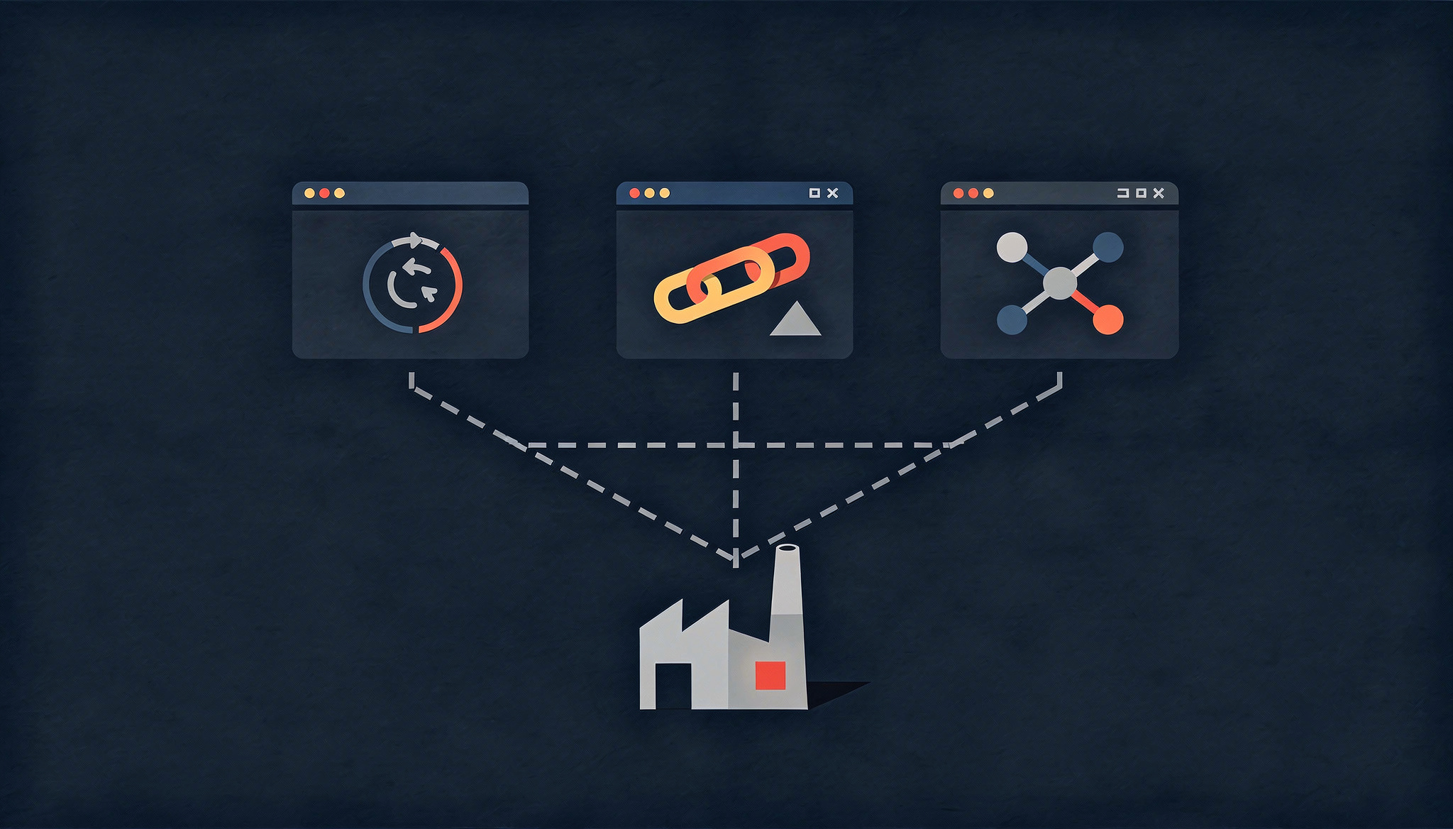 Factory icon connected by dashed lines to three browser windows showing icons for clock, chain links, and network nodes.