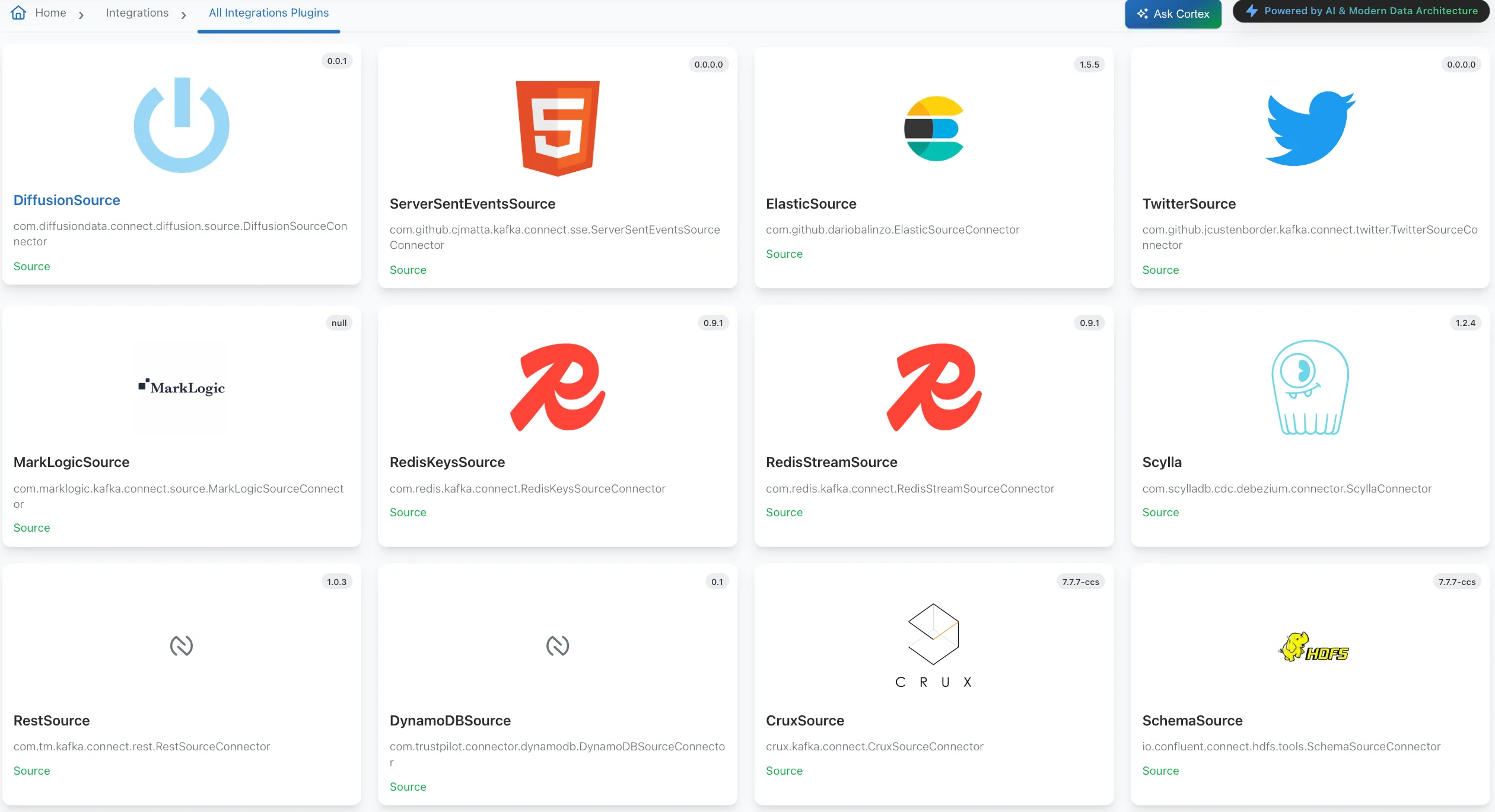 Grid of integration plugin cards showing logos and source connector details like DiffusionSource, TwitterSource, RedisSource.