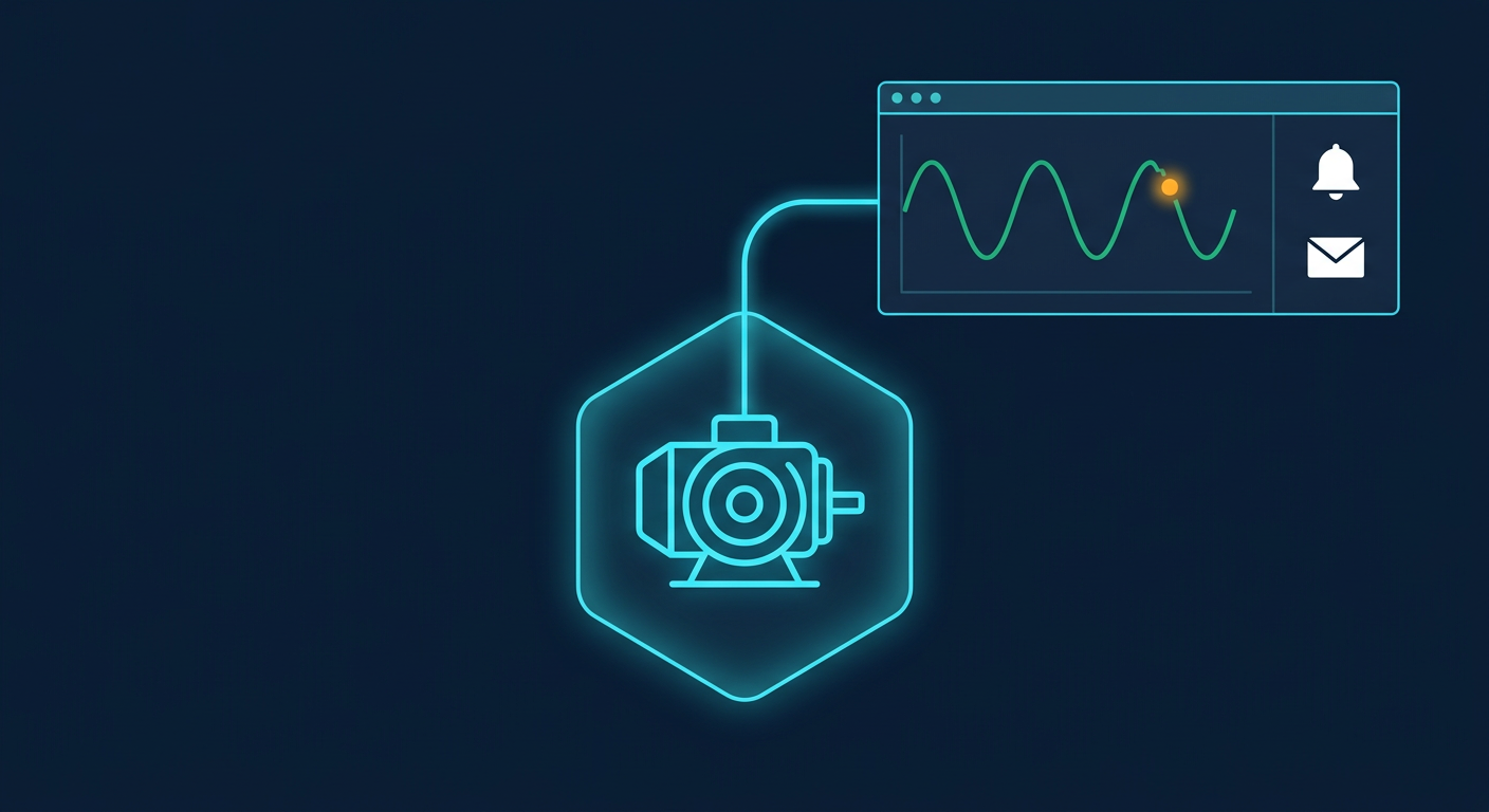 Neon outline of a motor connected to a graph with a waveform and notification icons.