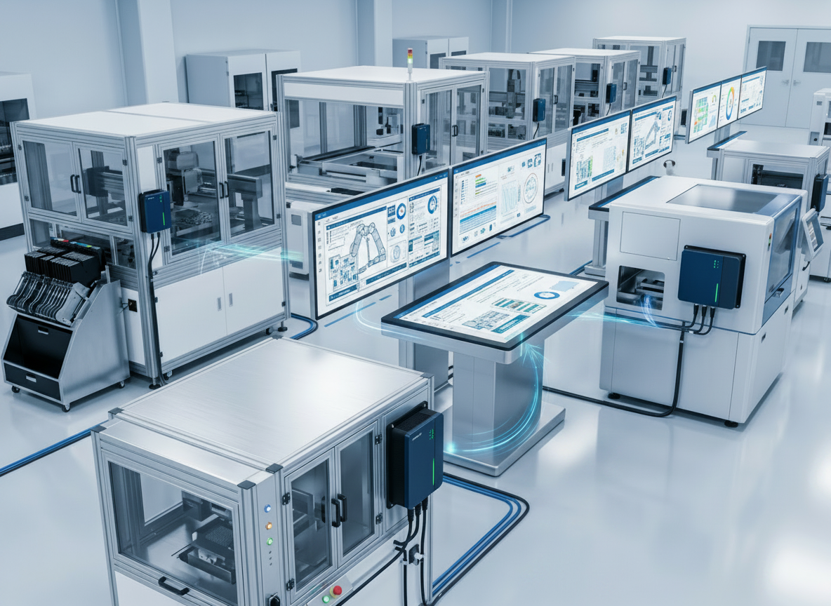 Modern automated factory with interconnected touchscreen panels and industrial machines in a bright, clean environment.