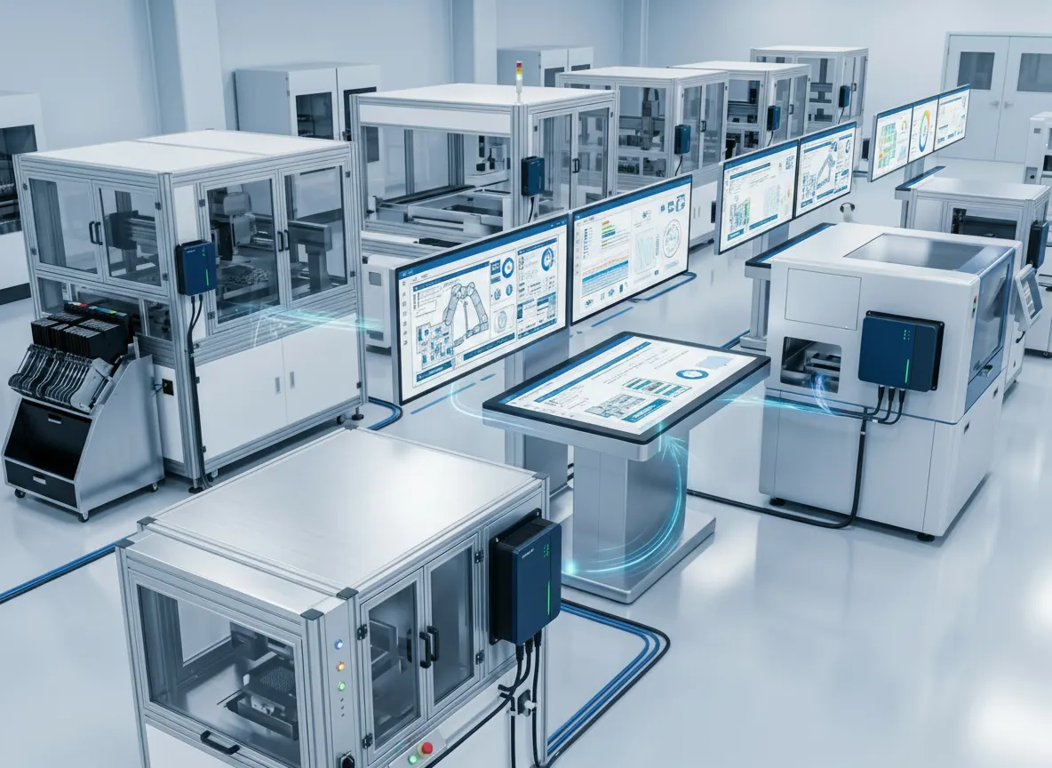 Modern automated factory with interconnected touchscreen panels and industrial machines in a bright, clean environment.