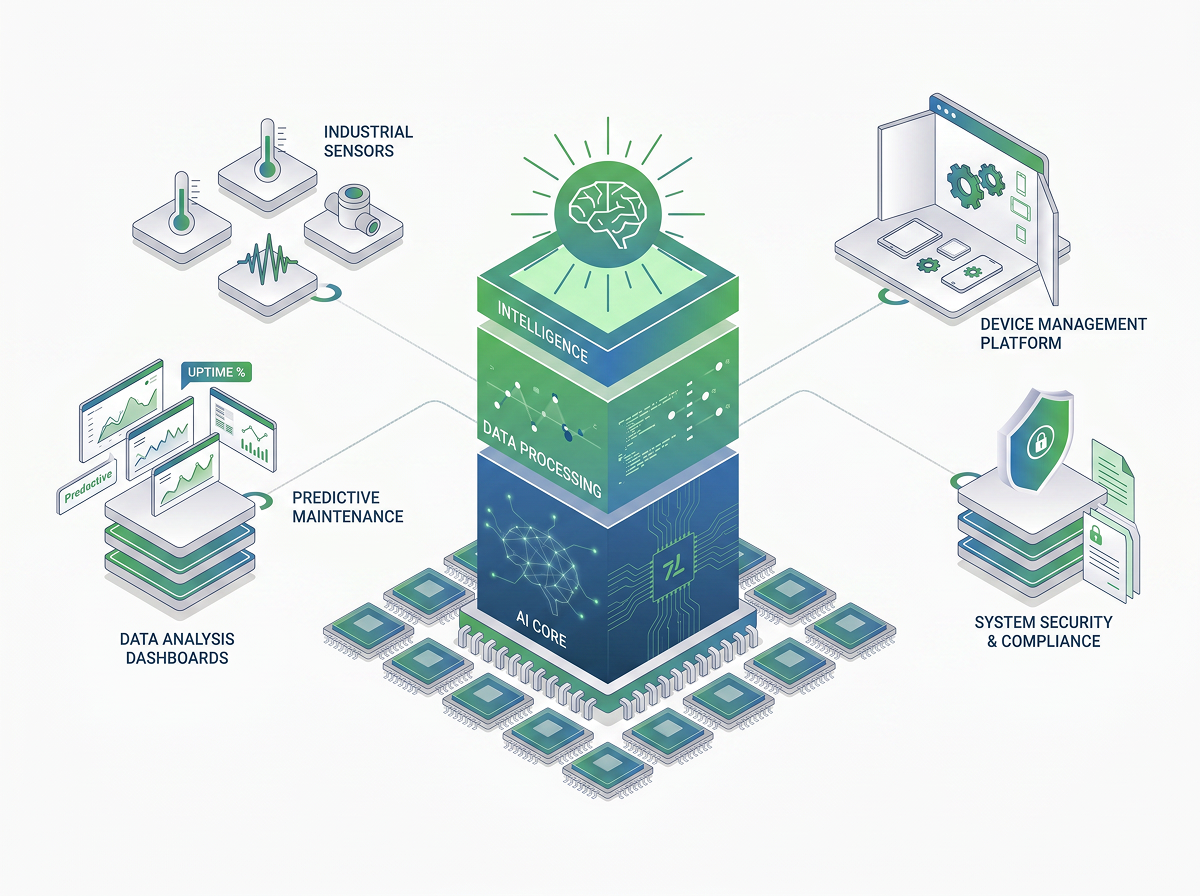 Diagram illustrating AI core processing industrial sensor data for predictive maintenance, device management, and security.