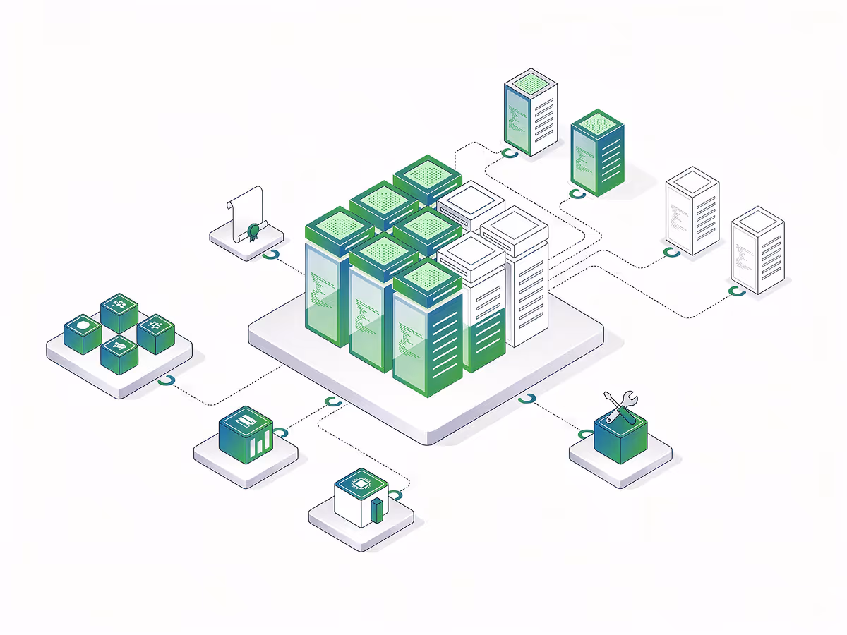 Isometric illustration of interconnected servers, data blocks, and tools representing application enablement infrastructure.