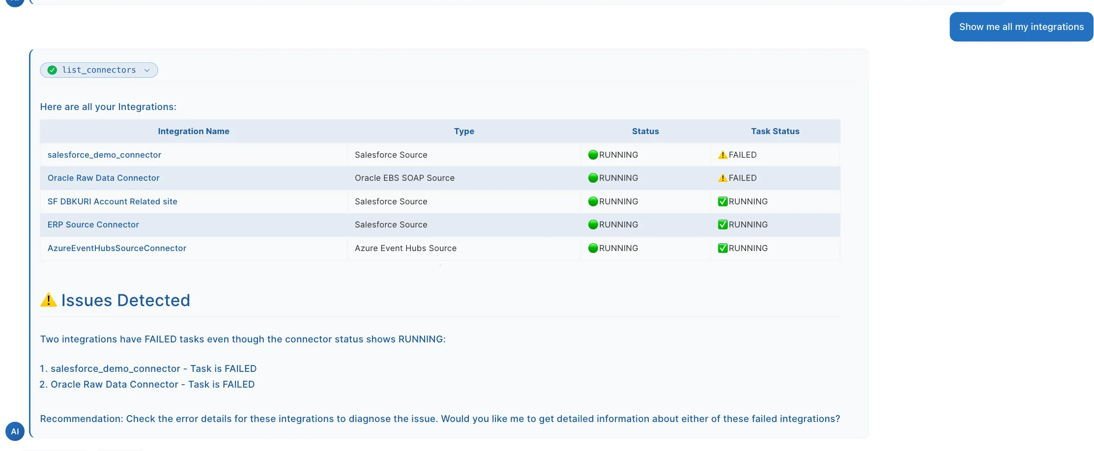 Table listing five integrations with their status showing running and two with failed tasks and a detected issues warning.