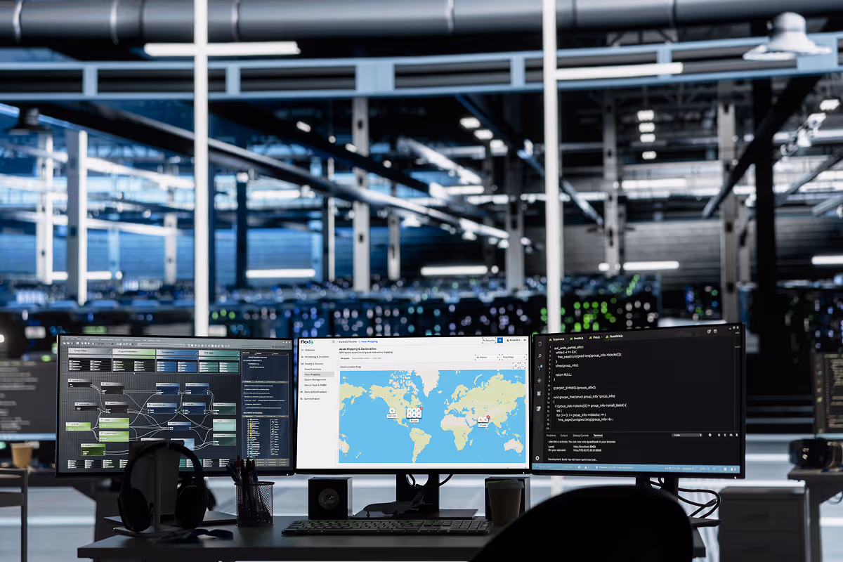 Three computer monitors on a desk in a dark server room showing data flow, world map, and coding screen.