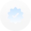 Light blue badge with a checkmark inside on a textured gray circular background.