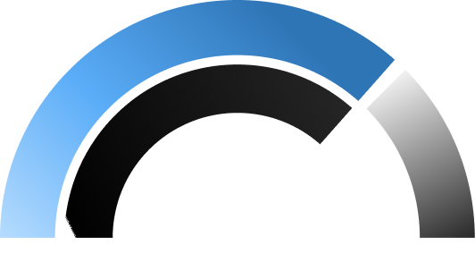 Semi-circular speedometer gauge with blue-to-black gradient and white needle pointing right-center.