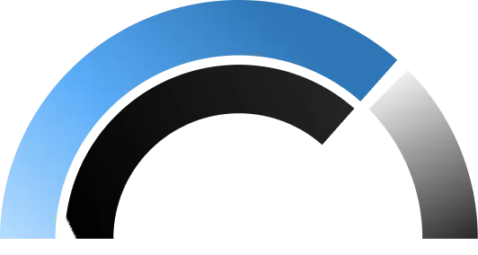 Semi-circular speedometer gauge with blue-to-black gradient and white needle pointing right-center.