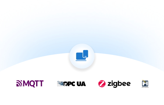 Icons of MQTT, OPC UA, Zigbee, and HTTP software protocols beneath a laptop and smartphone connection symbol.