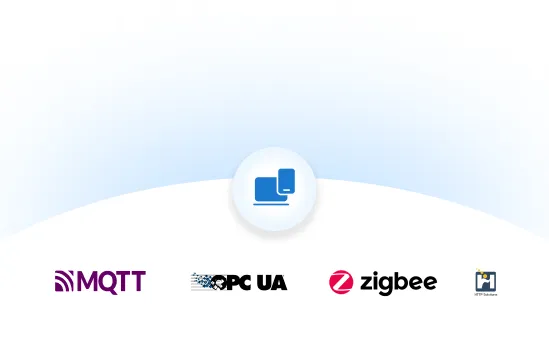 Icons of MQTT, OPC UA, Zigbee, and HTTP software protocols beneath a laptop and smartphone connection symbol.