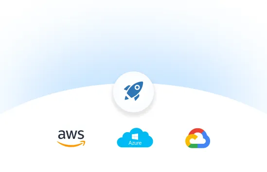 Rocket icon above logos of AWS, Azure, and Google Cloud on a light blue gradient background.