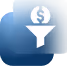 White dollar symbol flowing into a funnel on a blue circle background representing rate optimization.