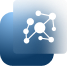 White network graph icon with connected nodes on a blue blurred square background.