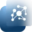 White network graph icon with connected nodes on a blue blurred square background.