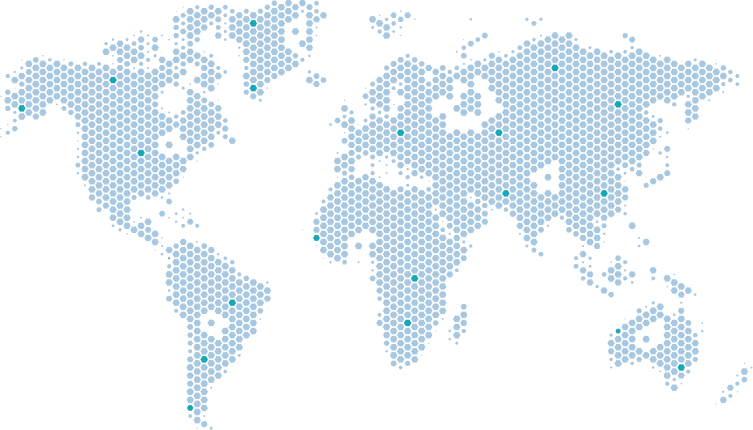 Stylized world map composed of interconnected blue hexagons on a black background.
