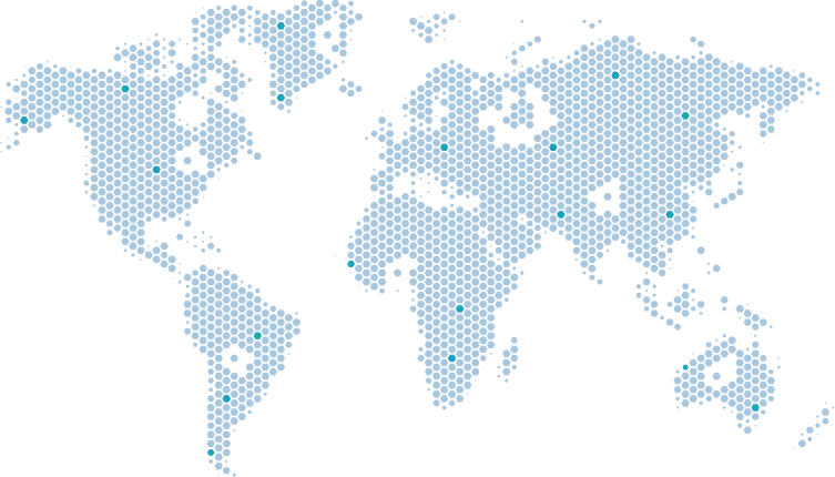 Stylized world map composed of interconnected blue hexagons on a black background.