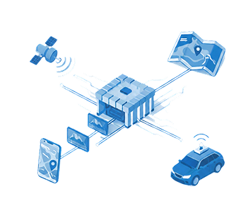 Illustration of a central AI chip connected to a satellite, smartphone, map, and autonomous car for data processing.