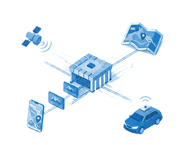 Illustration of a central AI chip connected to a satellite, smartphone, map, and autonomous car for data processing.