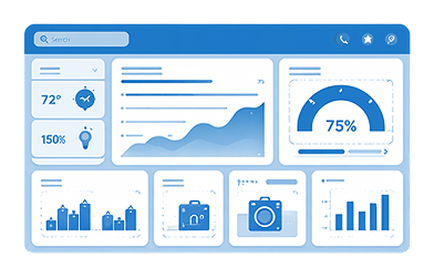 Digital dashboard with charts, graphs, and icons displaying data analytics and metrics.