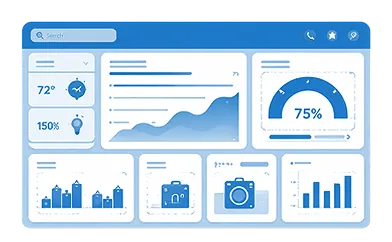 Digital dashboard with charts, graphs, and icons displaying data analytics and metrics.