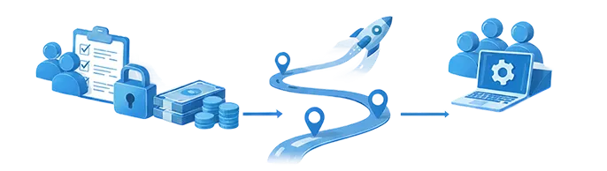 Illustration of a process showing planning, secured money, a path with checkpoints, and a team at a laptop.