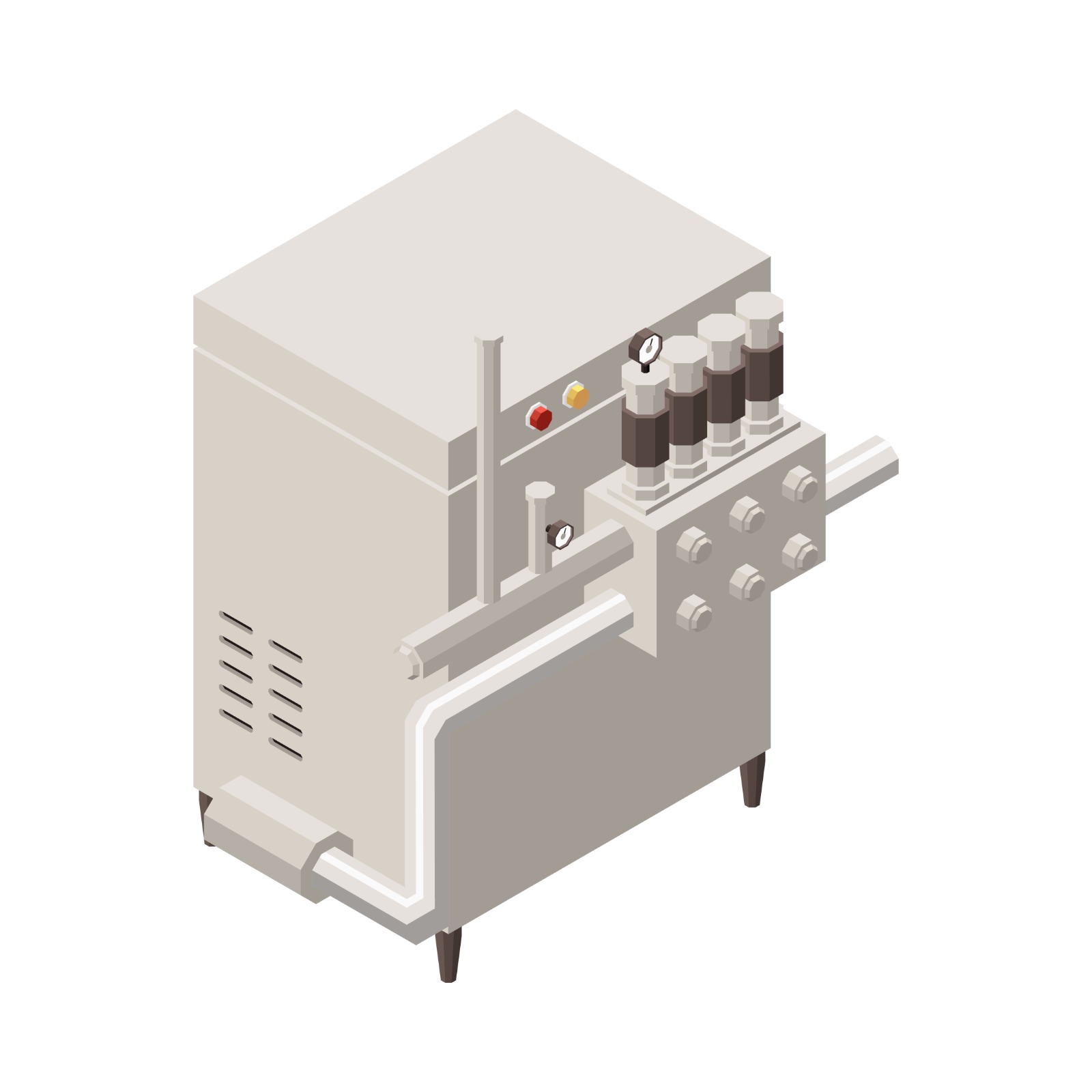 Isometric illustration of a beige industrial hydraulic pump with gauges and pipes.