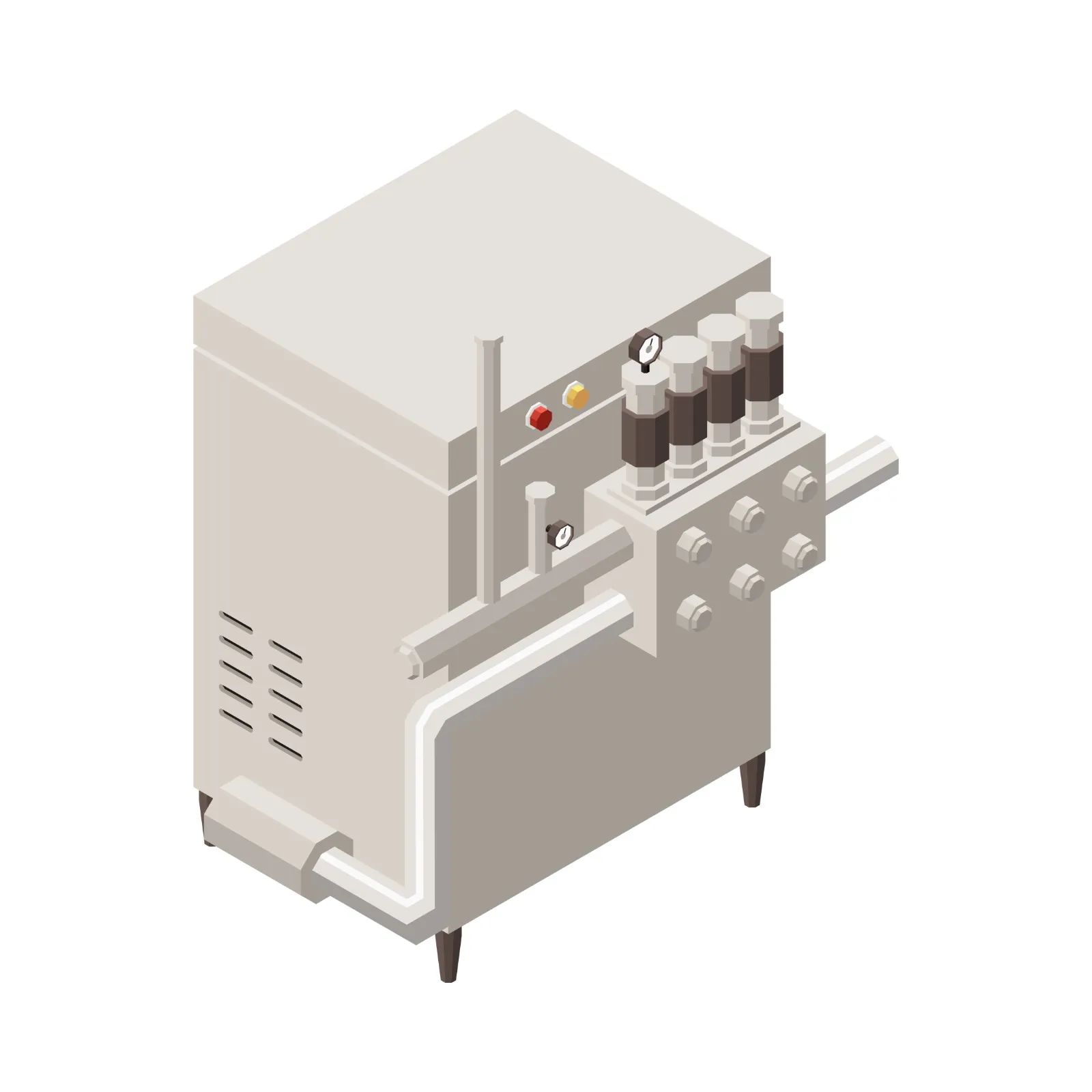 Isometric illustration of a beige industrial hydraulic pump with gauges and pipes.
