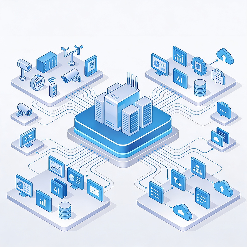 Central data server connecting to IoT devices, AI analytics, cloud storage, and GPS monitoring systems.