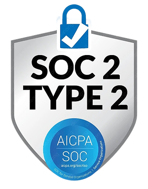 Shield emblem with text SOC 2 TYPE 2 and a blue padlock with check mark above, featuring AICPA SOC badge.