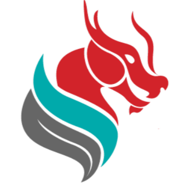 Stylized red dragon head with teal and gray curved shapes below on black background.