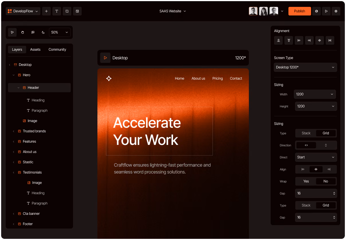 User interface of a dark-themed design tool showing a webpage layout with 'Accelerate Your Work' header and sidebar with layers and alignment options.