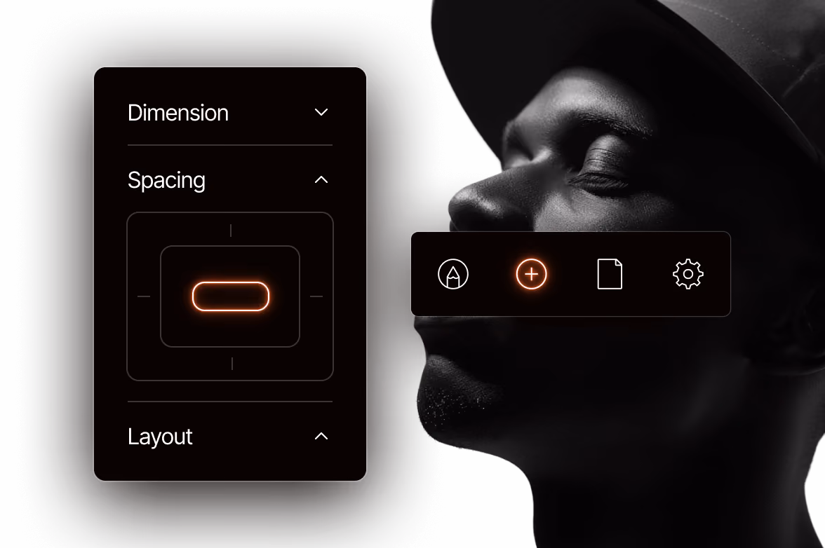 Black and white side profile of a man wearing a hat with digital interface overlays showing controls for dimension, spacing, and layout, and icons for drawing, adding, document, and settings.