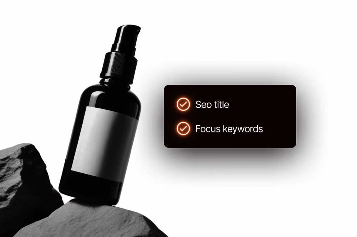 Black pump bottle with blank label placed on gray rocks next to a dark box listing 'Seo title' and 'Focus keywords' with check marks.