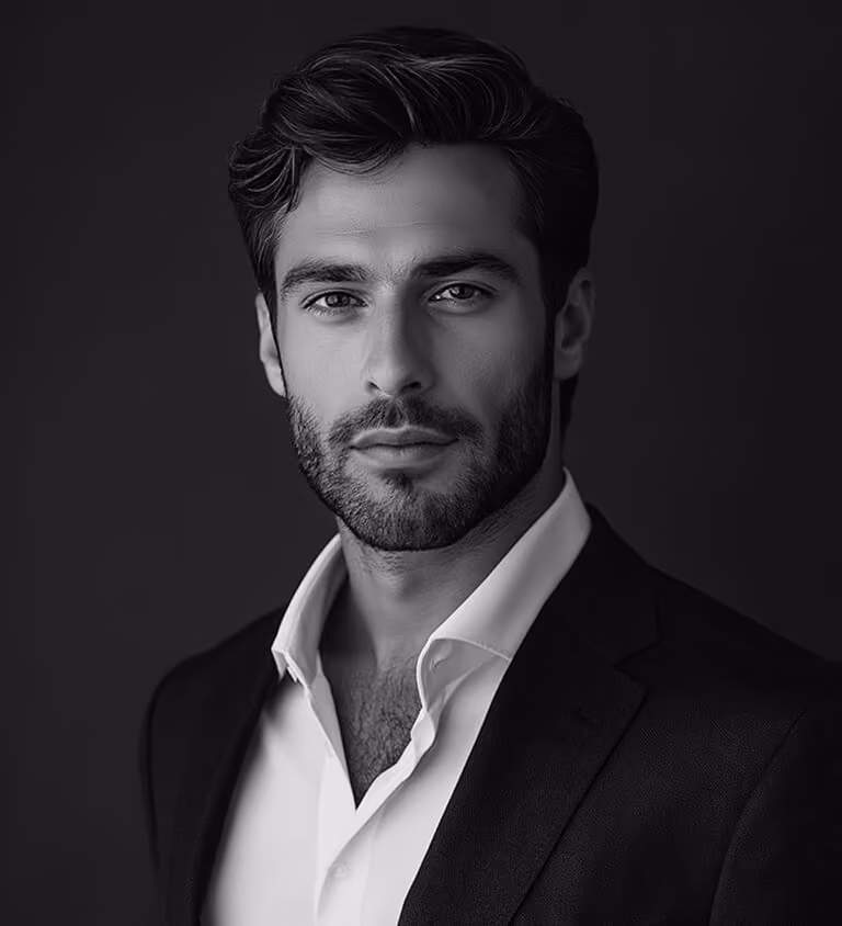 Portrait of a confident man with dark hair and beard wearing a white shirt and black suit jacket against a dark background.