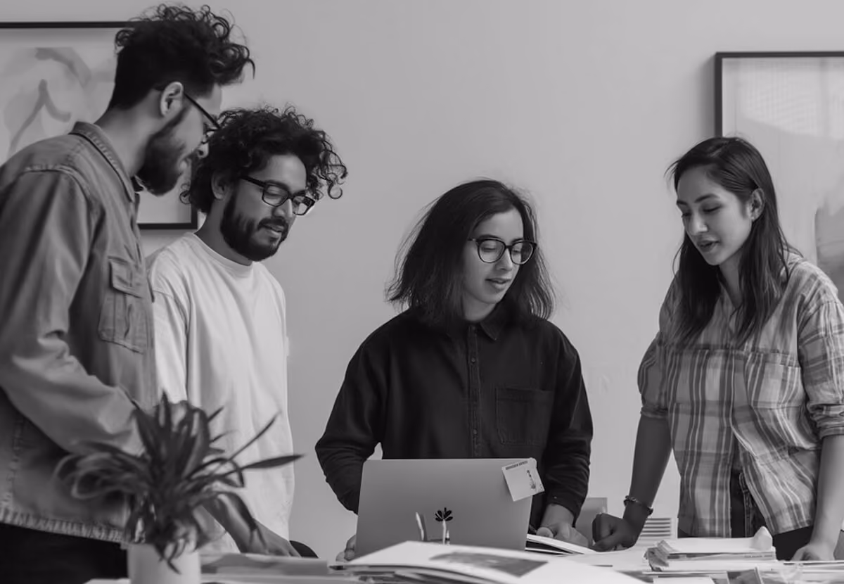 Four young professionals collaborating around a laptop in a modern office setting.