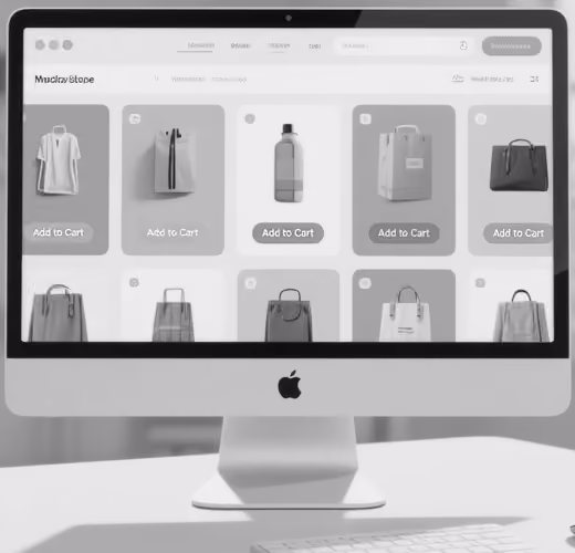 Desktop computer showing an online store page with various products like clothing, bags, and bottles, each with an Add to Cart button.