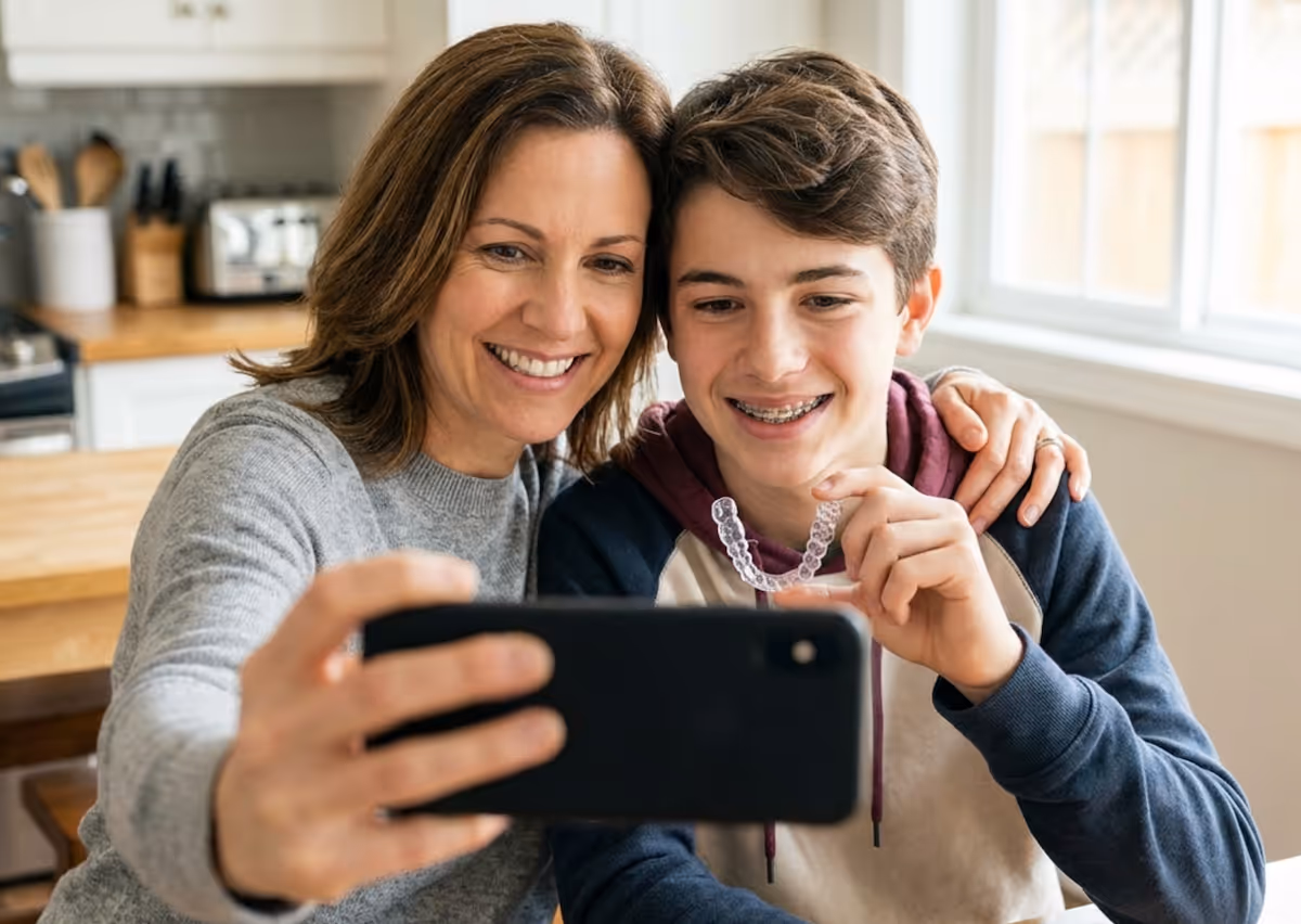 Mom posing with son while holding an Invisalign clear aligner.