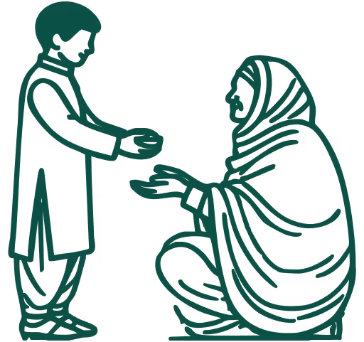 Line drawing of a standing boy offering something to a seated woman wearing a headscarf.