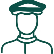 Simple line drawing of a person wearing a cap and a jacket.