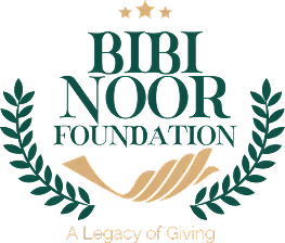 Bibi Noor Foundation logo with laurel wreath, two hands holding a heart, and three stars above, captioned 'A Legacy of Giving'.